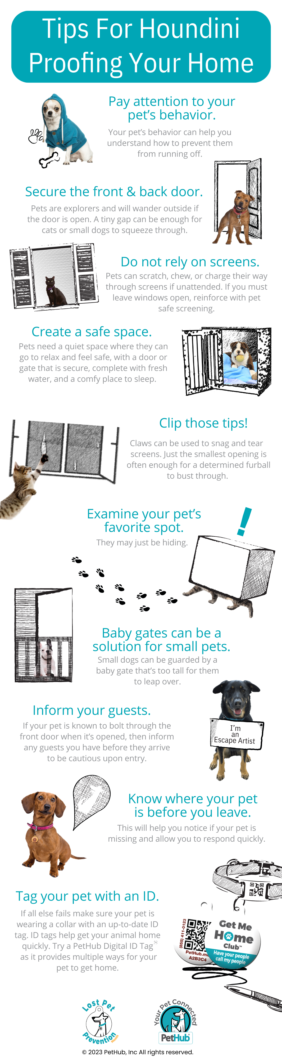 An infographic showing 10 ways to make your house secure so pets can't escape and get lost.